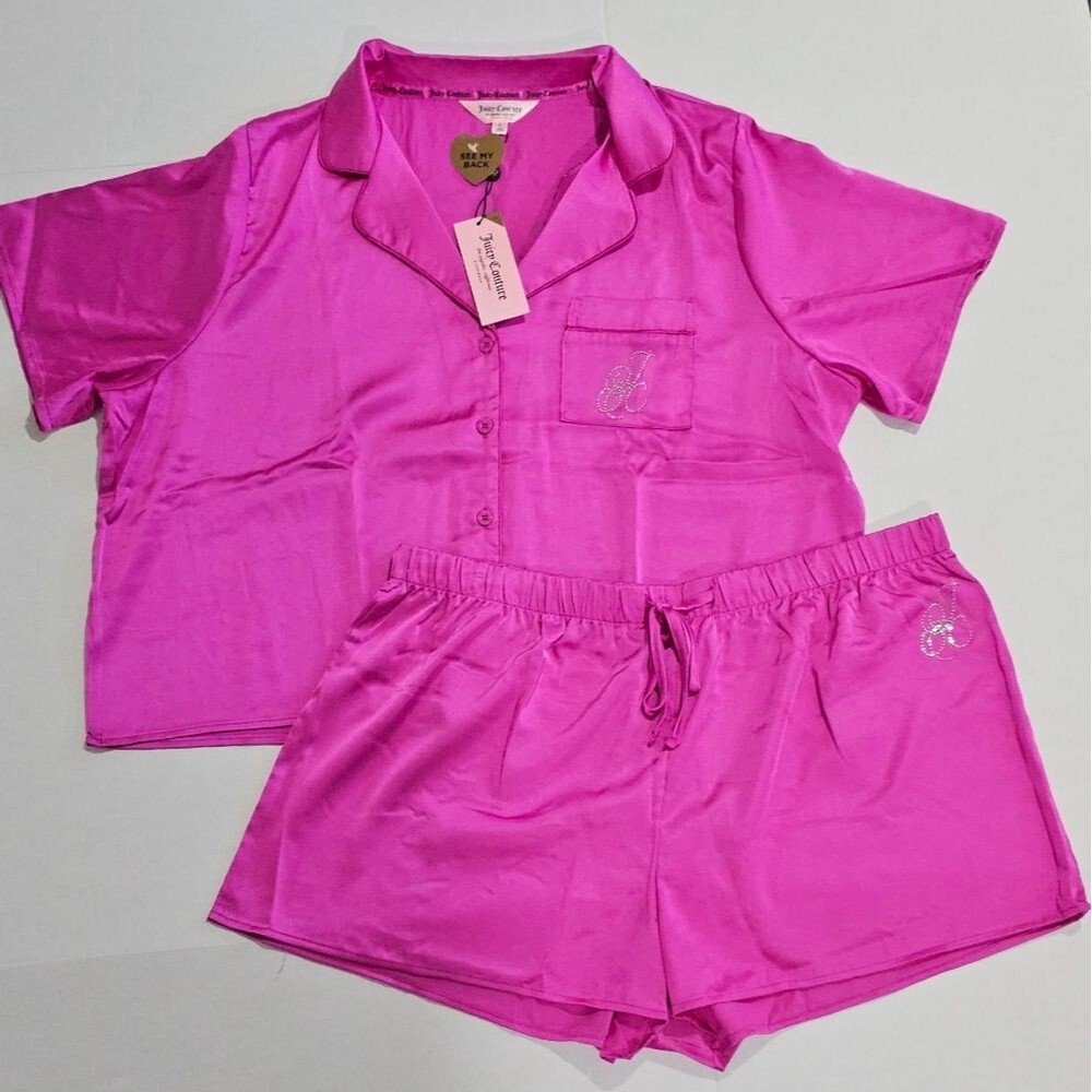 Juicy Couture Pajama Set Hot Magenta Pink Silky Rhinestone PJ Lounge Short Large